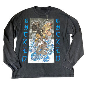 Men's Acid Wash Graphic Long Sleeve T-Shirt Medium Black Japanese Grunge NEW